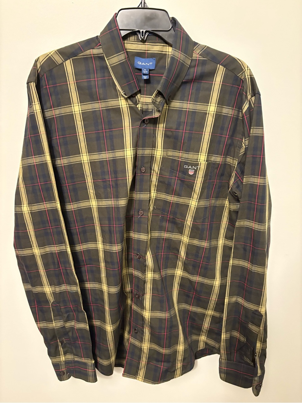GANT Men’s XL Plaid Long Sleeve Button Down Shirt Olive Green Yellow Tartan